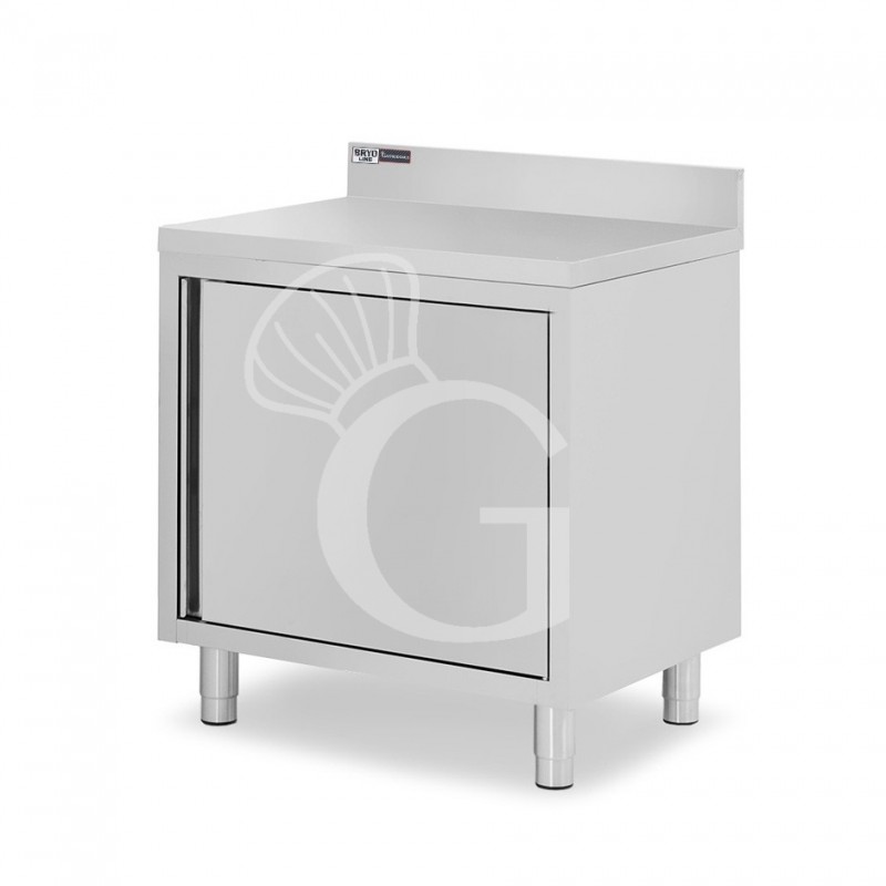 Tavolo armadiato inox con 1 porta battente, alzatina, L 600 mm x P 800 mm x H 950 mm