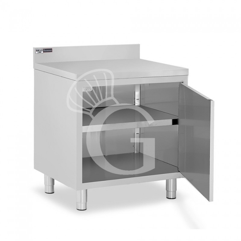 Tavolo armadiato inox con 1 porta battente, alzatina, L 600 mm x P 800 mm x H 950 mm