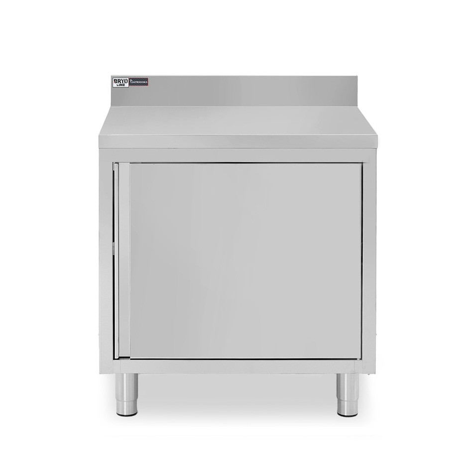 Tavolo armadiato inox con 1 porta battente, alzatina, L 600 mm x P 800 mm x H 950 mm