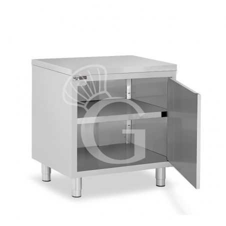 Tavolo inox armadiato con 1 porta battente, L 600 mm x P 800 mm x H 850 mm Tavolo inox armadiato con 1 porta battente, L 600 mm x P 800 mm x H 850 mm