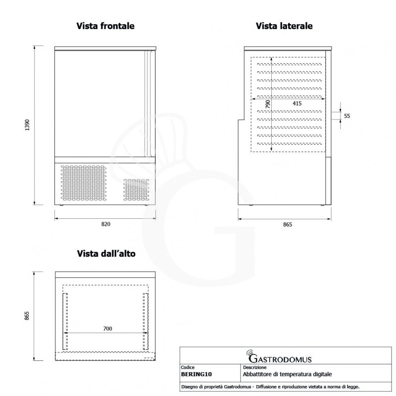 Abbattitore digitale Trifase in acciaio inox per 10 teglie/griglie GN 1/1 o 600 x 400 mm , -18°/0°C, con ruote montate