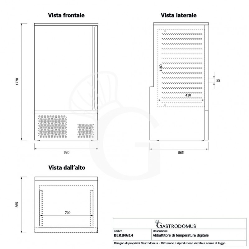 Abbattitore di temperatura in acciaio inox trifase per 15 teglie/griglie GN 1/1 o 600 x 400 mm , -18°/+3°C, con ruote montate