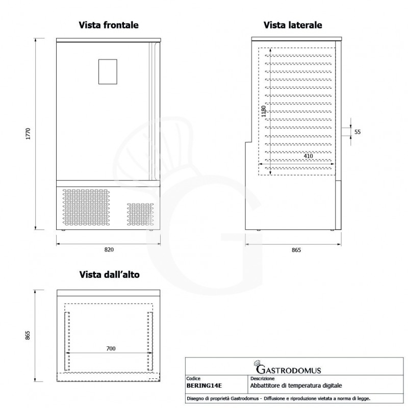 Abbattitore digitale in acciaio inox trifase display touch screen 15 teglie/griglie GN1/1 o 600x400 mm ,-18°/+3°C,ruote montate