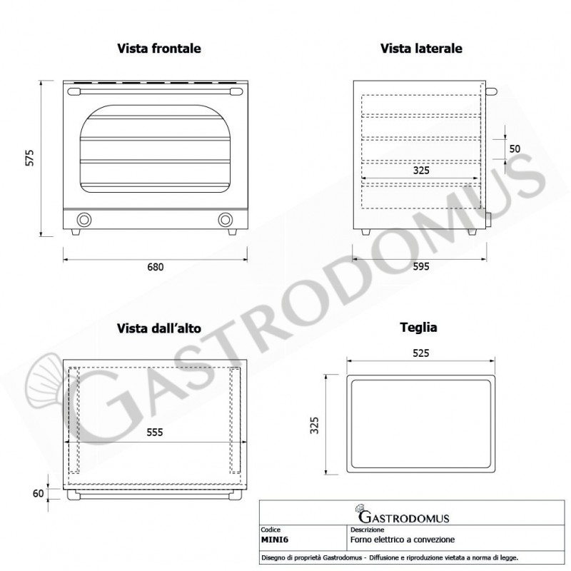 Forno elettrico a convezione, porta ribalta, comandi meccanici, 4 teglie GN1/1, potenza 2,67 kw