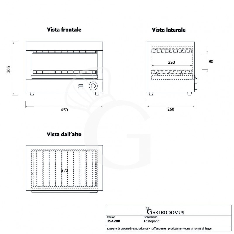 Tostapane professionale monofase L 450 mm x P 260 mm x H 305 mm 3 pinze cassetto raccogli briciole