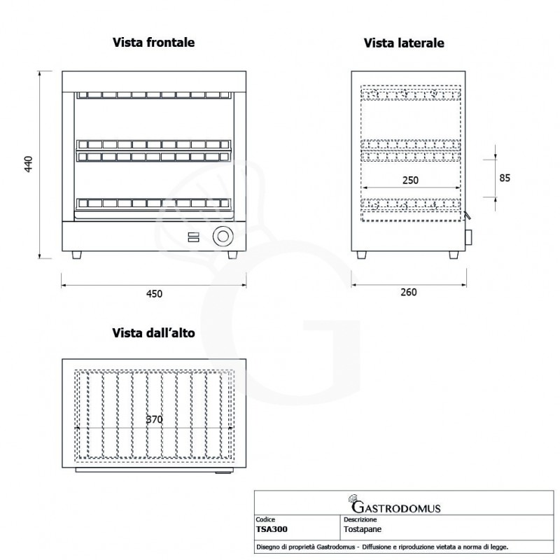 Tostapane 3 Kw monofase L 450 mm x P 260 mm x H 440 mm 6 pinze cassetto raccogli briciole