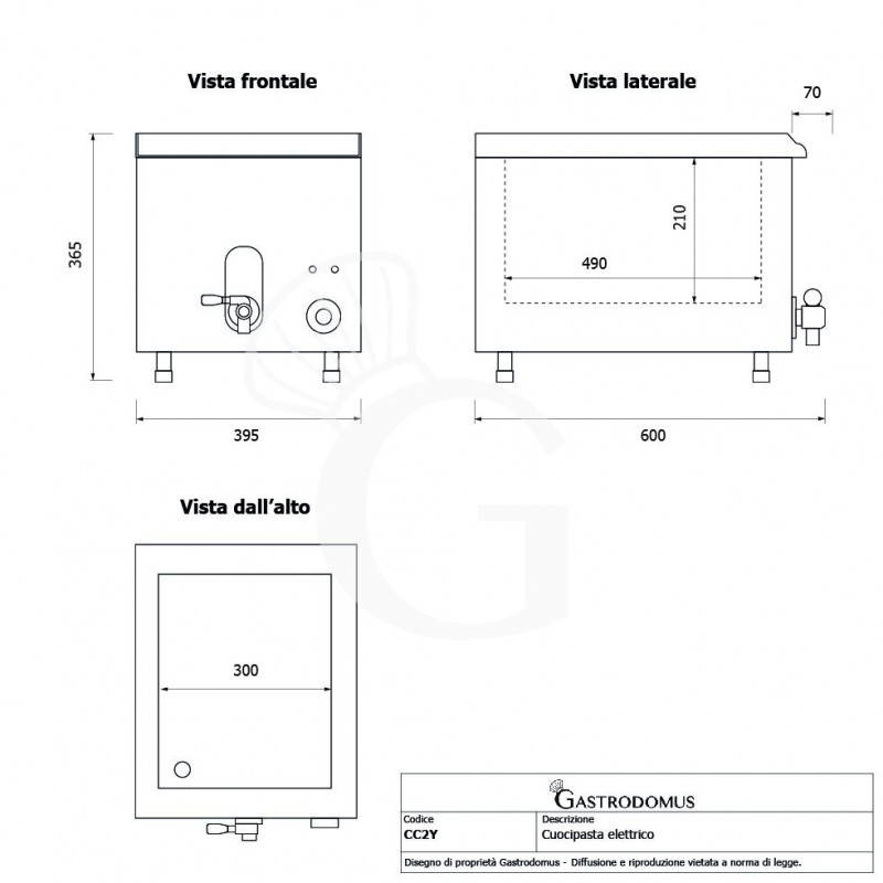 Bollitore pasta elettrico da banco 1 vasca L 400 mm x P 680 mm x H 370 mm 20 LT 4500 W