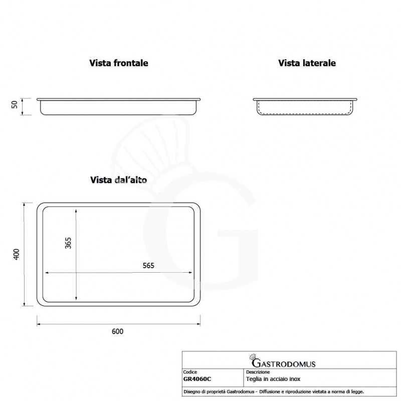 Teglia in acciaio inox - L 600 mm x P 400 mm x H 50 mm - tecnici