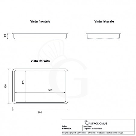 Teglia in acciaio inox - L 600 mm x P 400 mm x H 50 mm - tecnici Teglia in acciaio inox - L 600 mm x P 400 mm x H 50 mm - tecnici