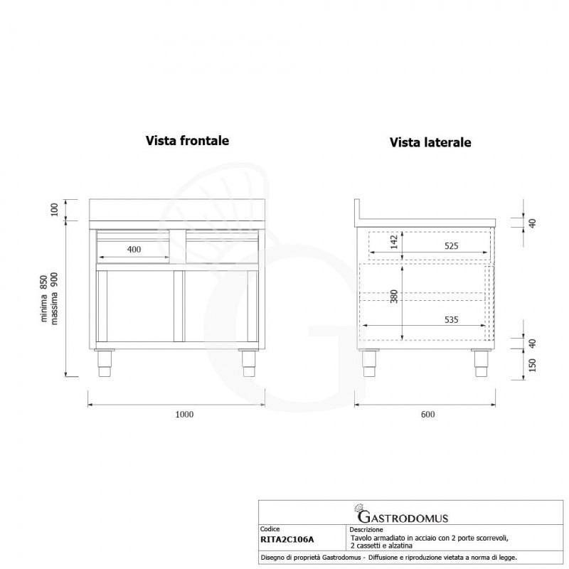 Tavolo armadiato acciaio INOX, 2 porte scorrevoli, 2 cassetti, alzatina, L1000xP600xH950 mm- tecnico