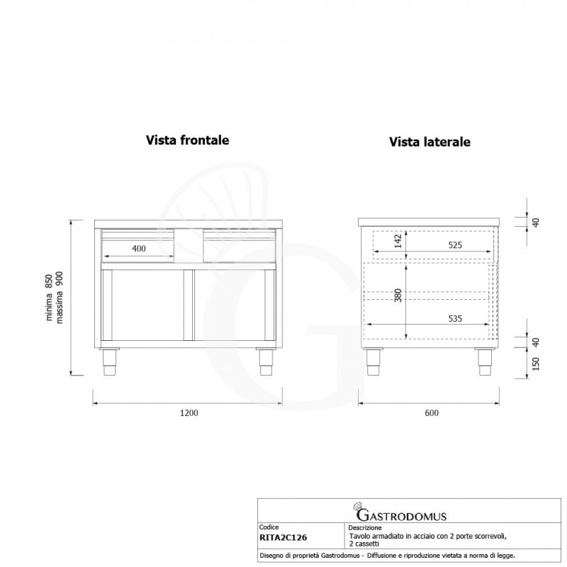 Tavolo armadiato in acciaio INOX, 2 porte scorrevoli, 2 cassetti, L1200xP600xH850 mm - tecnico