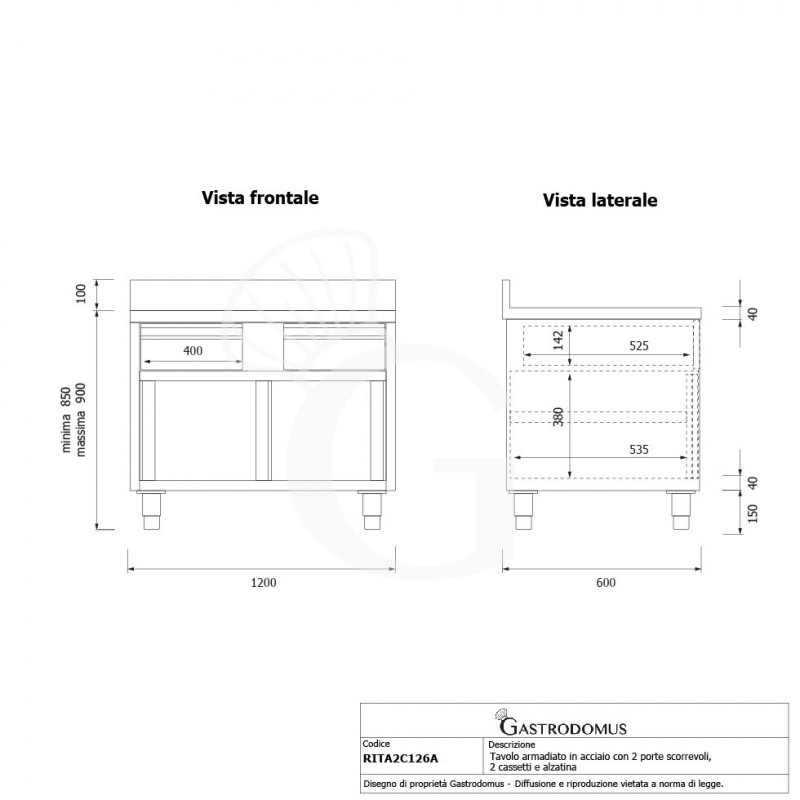 Tavolo armadiato acciaio INOX, 2 porte scorrevoli, 2 cassetti, alzatina, L1200xP600xH950 mm - tecnico
