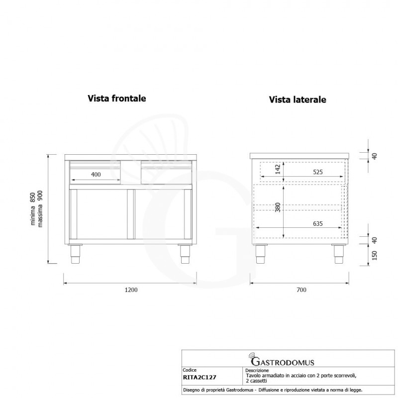 Tavolo armadiato in acciaio INOX, 2 porte scorrevoli, 2 cassetti, L1200xP700xH850 mm - tecnico