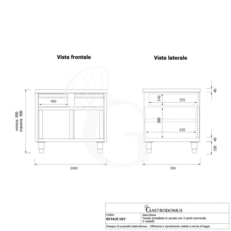 Tavolo armadiato in acciaio INOX, 2 porte scorrevoli, 2 cassetti, L1000xP700xH850 mm