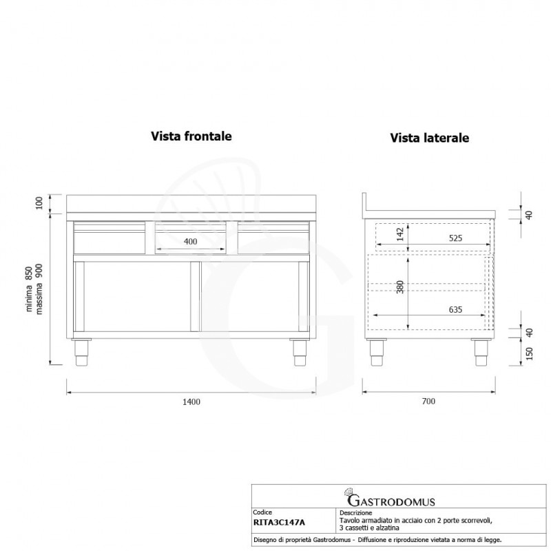 Tavolo armadiato acciaio INOX, 2 porte scorrevoli, 3 cassetti, alzatina, L1400xP700xH950 mm - tecnico