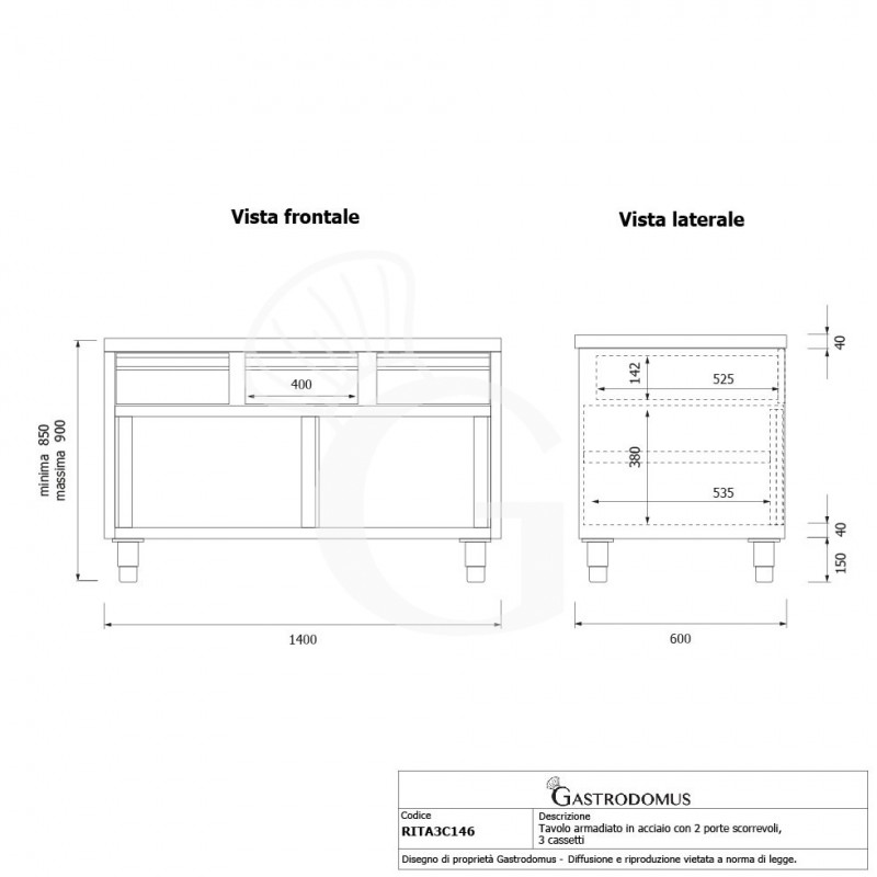 Tavolo armadiato in acciaio INOX, 2 porte scorrevoli, 3 cassetti, L1400xP600xH850 mm
