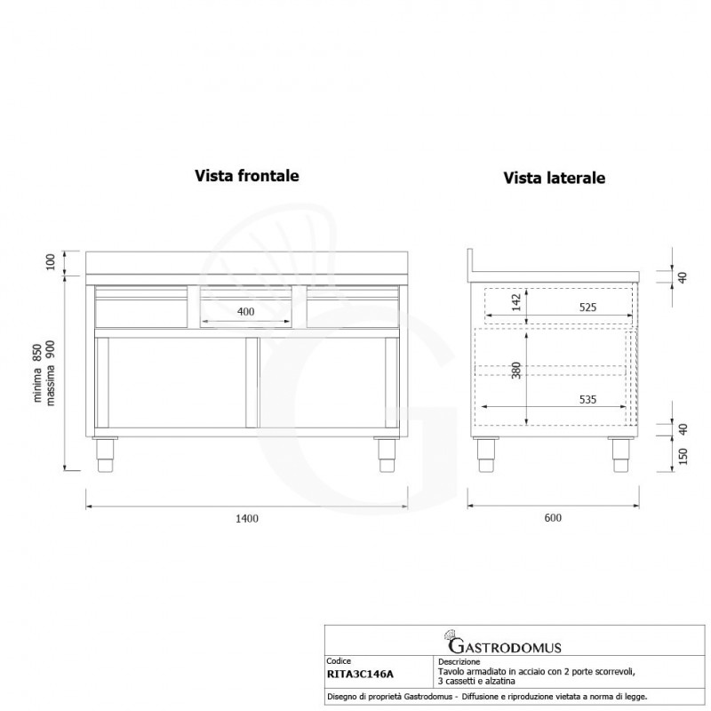 Tavolo armadiato acciaio INOX, 2 porte scorrevoli, 3 cassetti, alzatina, L1400xP600xH950 mm