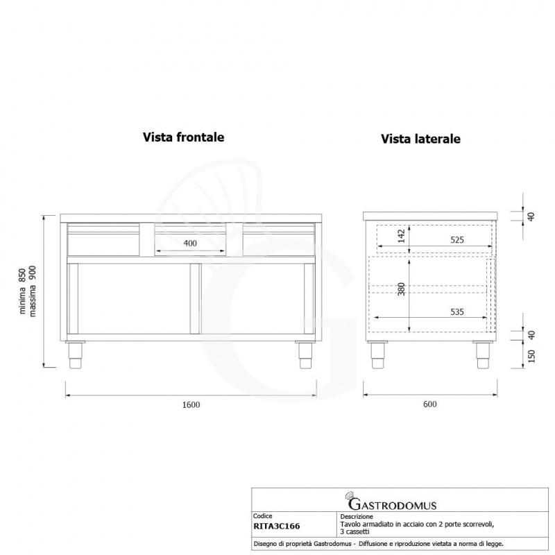 Tavolo armadiato in acciaio INOX, 2 porte scorrevoli, 3 cassetti, L1600xP600xH850 mm