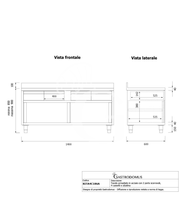 Tavolo armadiato acciaio INOX, 2 porte scorrevoli, 4 cassetti, alzatina, L1800xP600xH950 mm