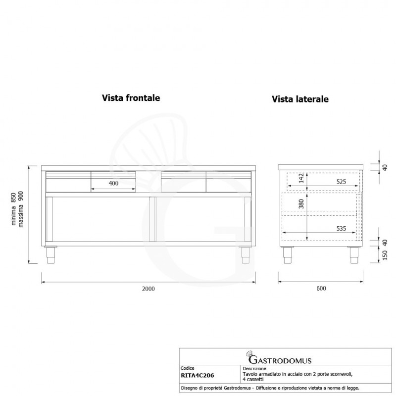 Tavolo armadiato in acciaio INOX, 2 porte scorrevoli, 4 cassetti, L2000xP600xH850 mm