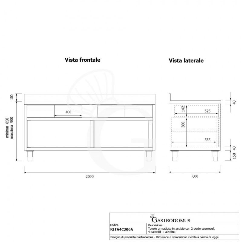 Tavolo armadiato acciaio INOX, 2 porte scorrevoli, 4 cassetti, alzatina, L2000xP600xH950 mm