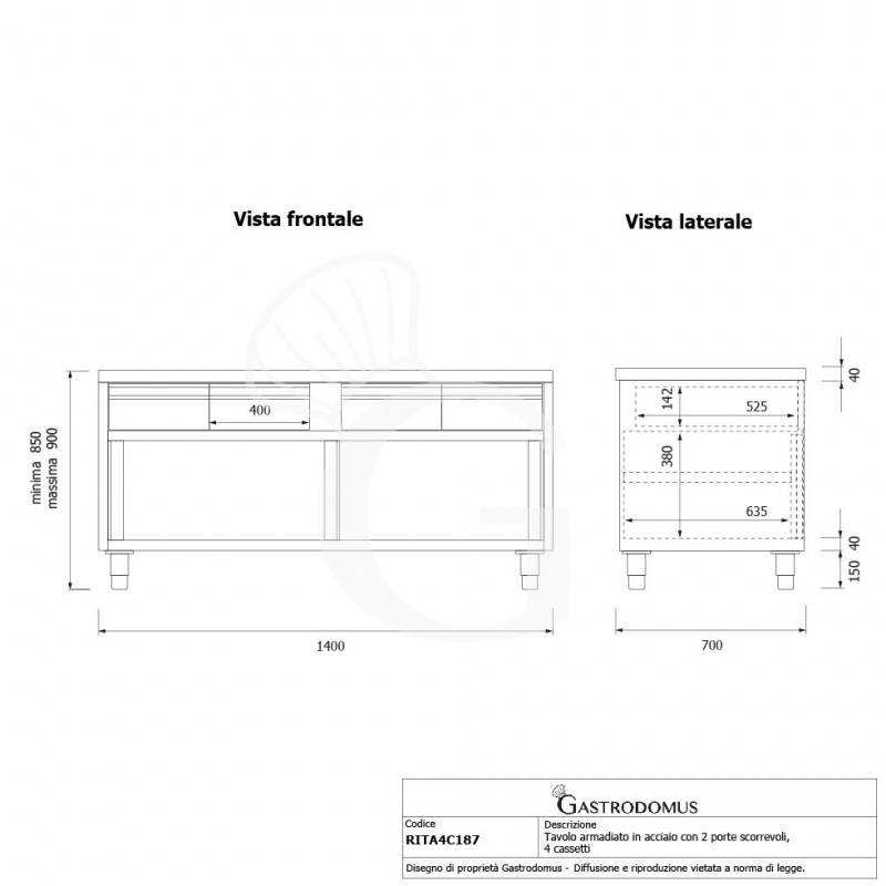 Tavolo armadiato in acciaio INOX, 2 porte scorrevoli, 4 cassetti, L1800xP700xH850 mm