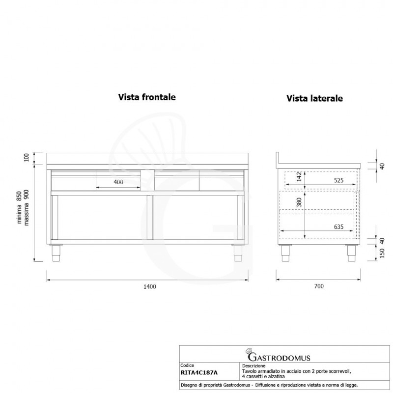 Tavolo armadiato acciaio INOX, 2 porte scorrevoli, 4 cassetti, alzatina, L1800xP700xH950 mm