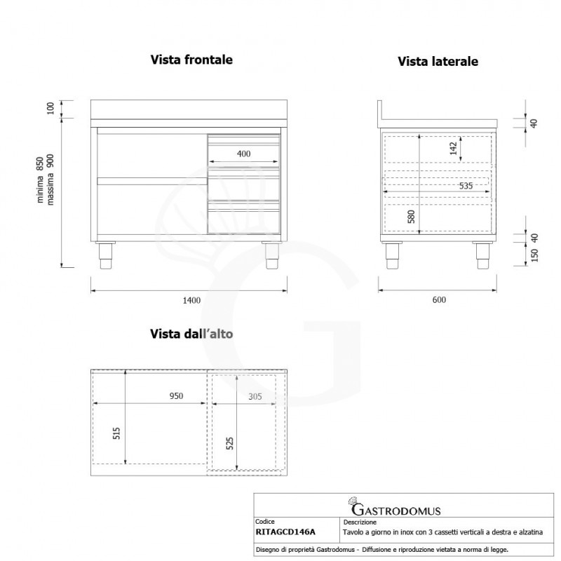 Tavolo a giorno in acciaio inox,3 cassetti a destra, alzatina, L 1400 mm x P600 mm x H 950 mm -tecnico