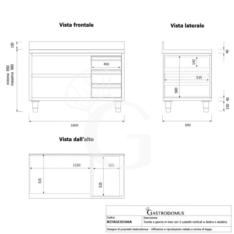 Tavolo a giorno in acciaio inox,3 cassetti a destra, alzatina, L 1600 mm x P600 mm x H 950 mm - tecnico