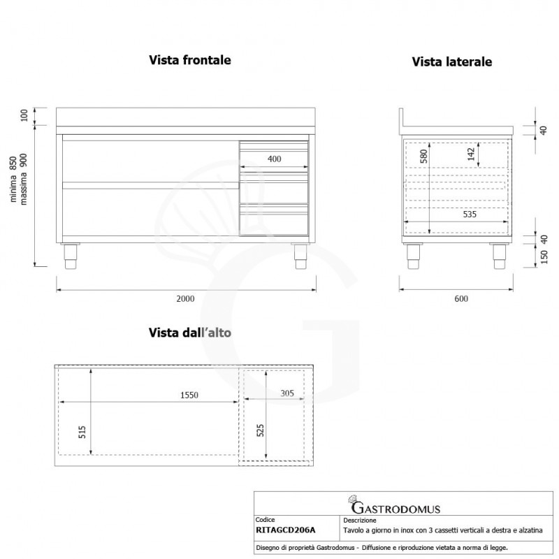 Tavolo a giorno in acciaio inox,3 cassetti a destra, alzatina, L 2000 mm x P600 mm x H 950 mm - tecnico