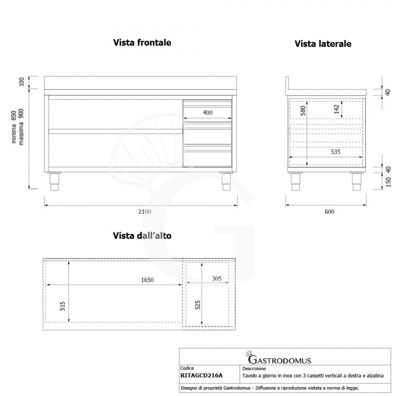 Tavolo a giorno in acciaio inox,3 cassetti a destra, alzatina, L 2100 mm x P600 mm x H 950 mm - tecnico
