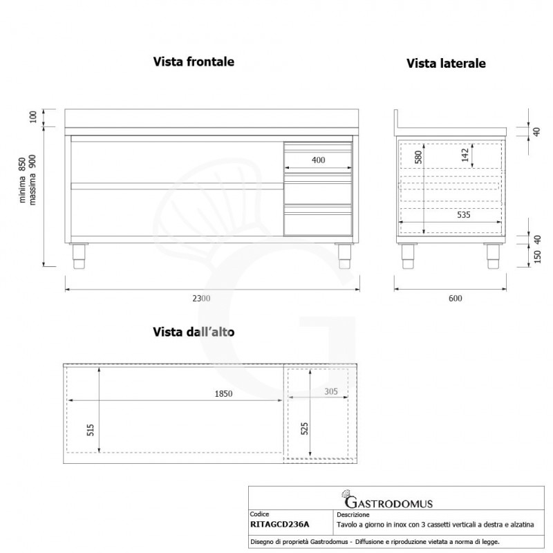 Tavolo a giorno in acciaio inox,3 cassetti a destra, alzatina, L 2300 mm x P600 mm x H 950 mm - tecnico