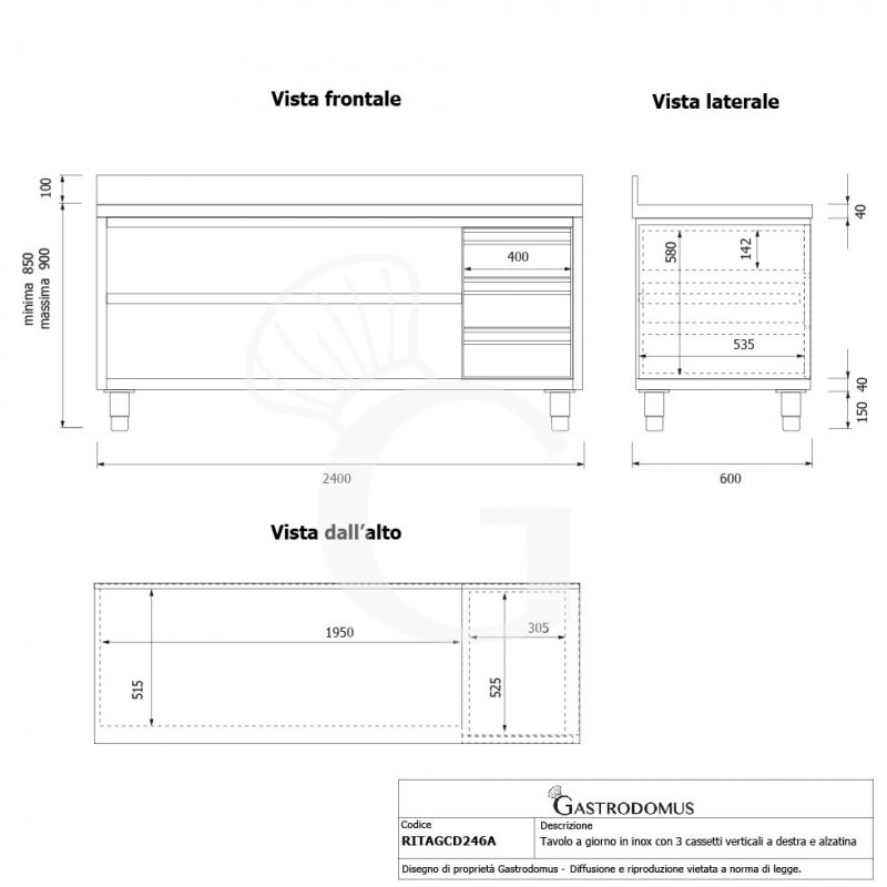 Tavolo a giorno in acciaio inox,3 cassetti a destra, alzatina, L 2400 mm x P600 mm x H 950 mm - tecnico