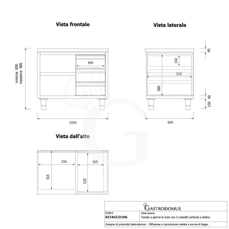 Tavolo a giorno in acciaio inox con 3 cassetti sul lato destro, L 1000 mm x P 600 mm x H 850 mm - tecnico