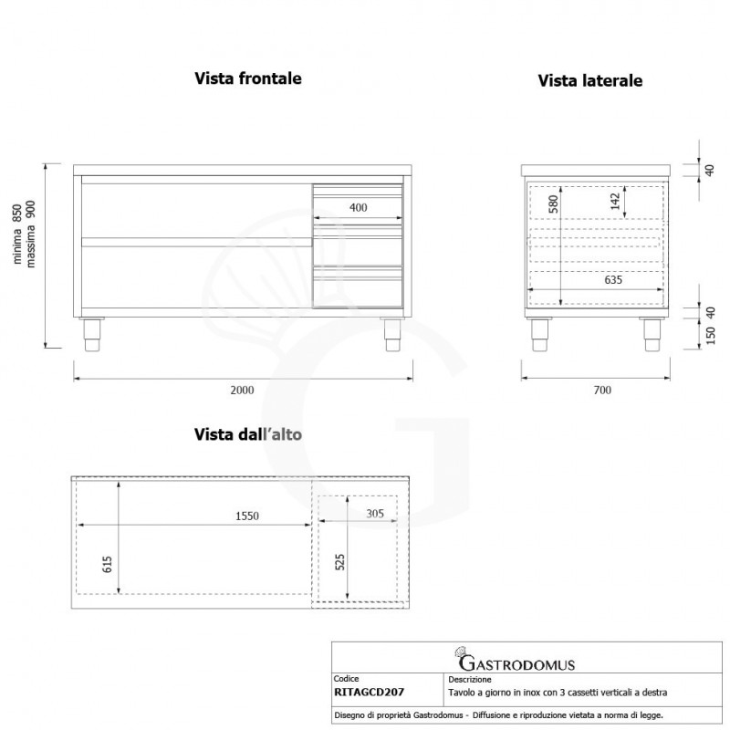 Tavolo a giorno in acciaio inox con 3 cassetti sul lato destro, L 2000 mm x P 700 mm x H 850 mm - tecnico