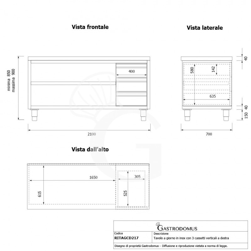 Tavolo a giorno in acciaio inox con 3 cassetti sul lato destro, L 2100 mm x P 700 mm x H 850 mm - tecnico
