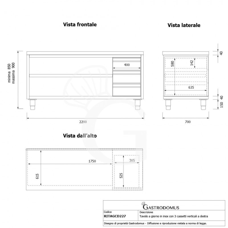 Tavolo a giorno in acciaio inox con 3 cassetti sul lato destro, L 2200 mm x P 700 mm x H 850 mm - tecnico