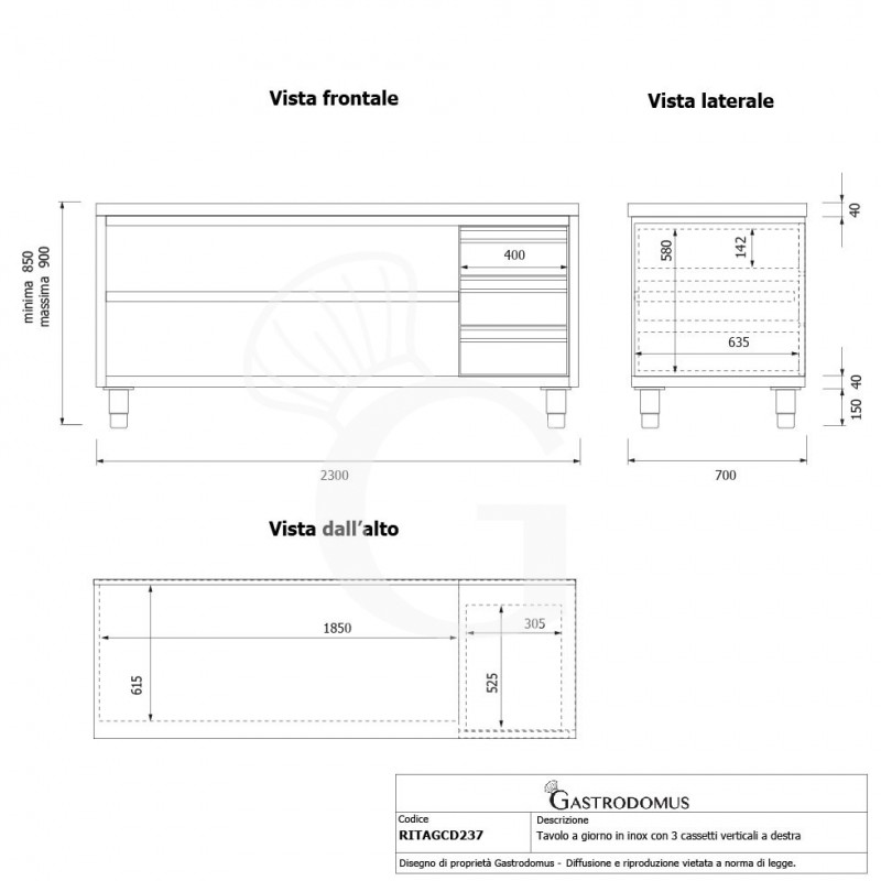 Tavolo a giorno in acciaio inox con 3 cassetti sul lato destro, L 2300 mm x P 700 mm x H 850 mm - tecnico
