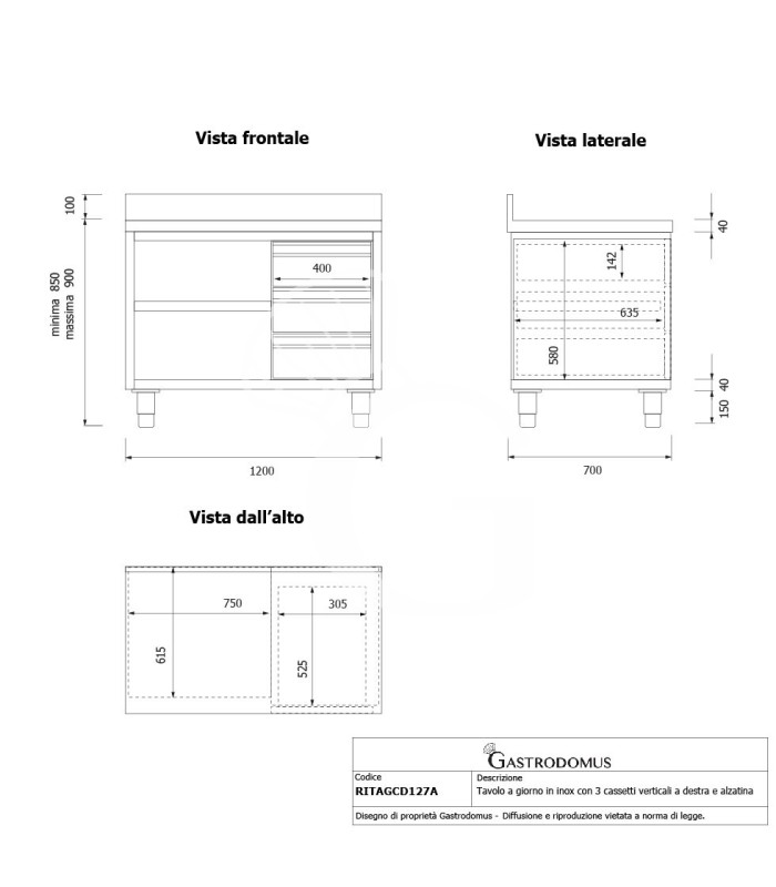 Tavolo a giorno in acciaio inox,3 cassetti a destra, alzatina, L 1200 mm x P 700 mm x H 950 mm - tecnico