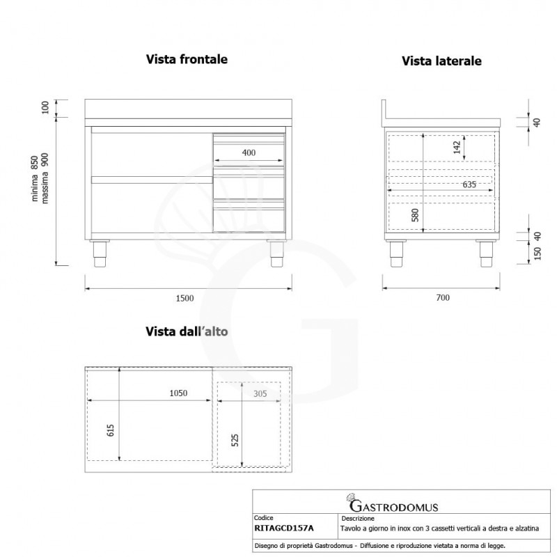 Tavolo a giorno in acciaio inox,3 cassetti a destra, alzatina, L 1500 mm x P 700 mm x H 950 mm - tecnico