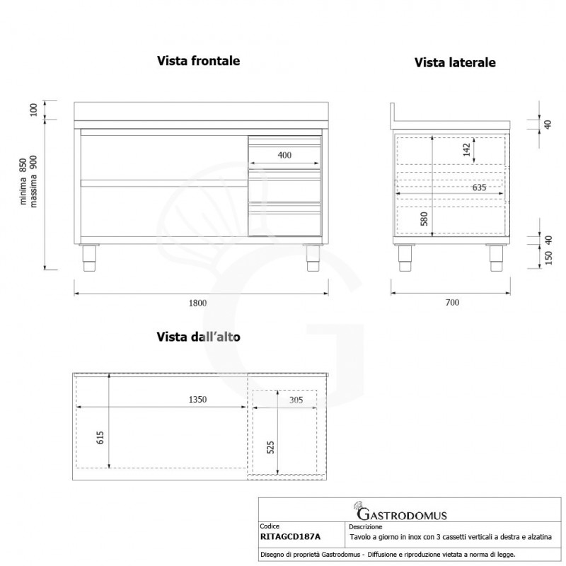 Tavolo a giorno in acciaio inox,3 cassetti a destra, alzatina, L 1800 mm x P 700 mm x H 950 mm - tecnico