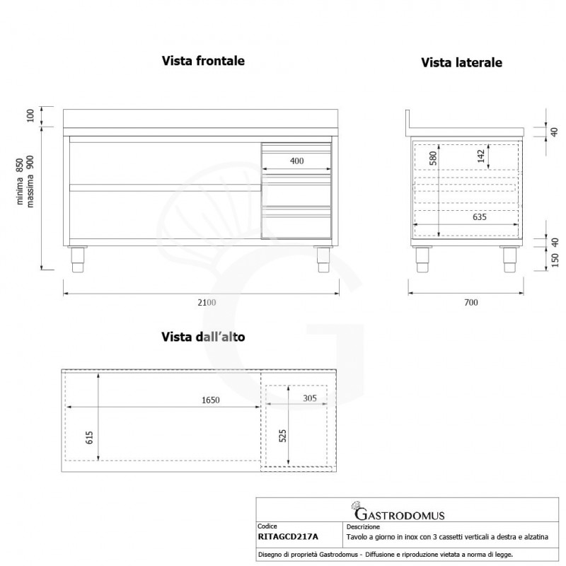 Tavolo a giorno in acciaio inox,3 cassetti a destra, alzatina, L 2100 mm x P 700 mm x H 950 mm - tecnico