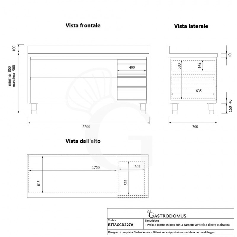 Tavolo a giorno in acciaio inox,3 cassetti a destra, alzatina, L 2200 mm x P 700 mm x H 950 mm