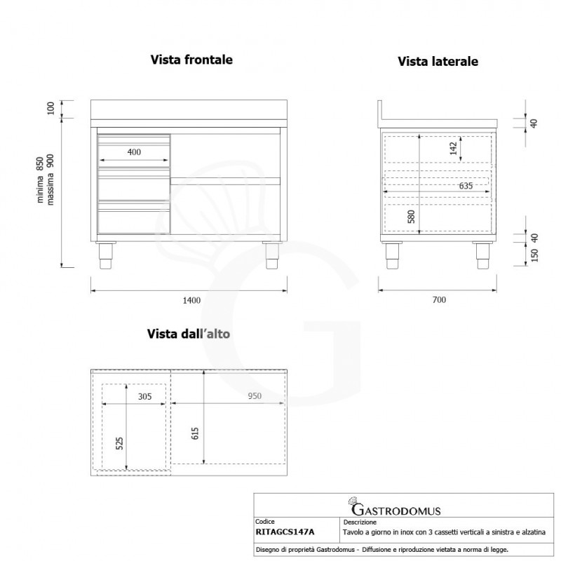 Tavolo a giorno in acciaio inox,3 cassetti a sinistra, alzatina, L 1400 mm x P 700 mm x H 950 mm - tecnico