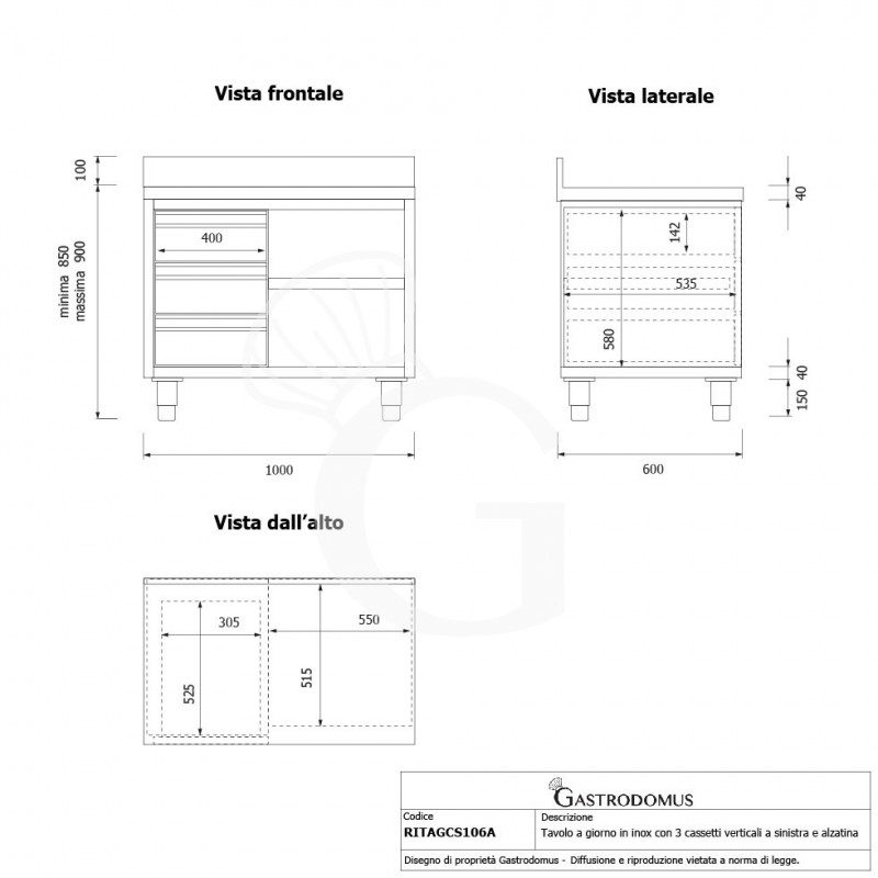 Tavolo a giorno in acciaio inox,3 cassetti a sinistra, alzatina, L 1000 mm x P600 mm x H 950 mm - tecnico