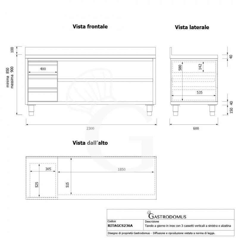 Tavolo a giorno in acciaio inox,3 cassetti a sinistra, alzatina, L 2300 mm x P600 mm x H 950 mm