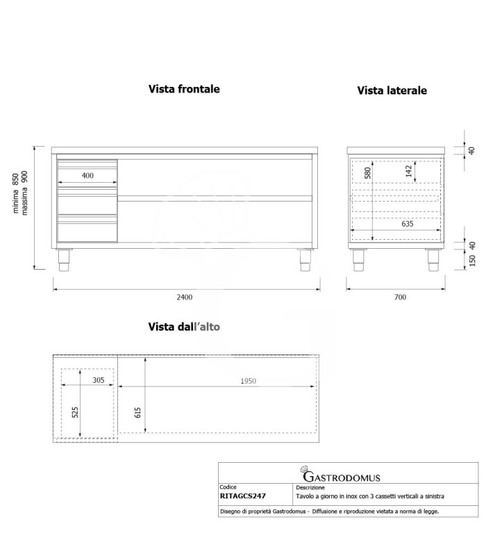 Tavolo a giorno in acciaio inox con 3 cassetti sul lato sinistro, L 2400 mm x P 700 mm x H 850 mm