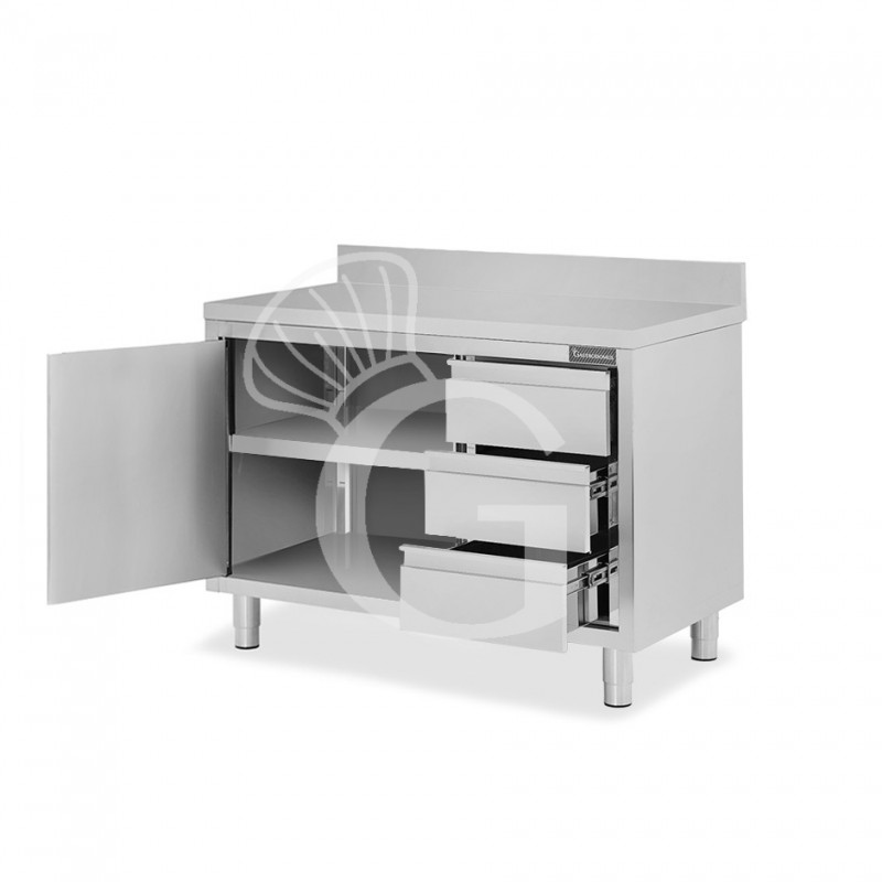 Tavolo armadiato,1 porta battente,3 cassetti a destra, alzatina, L1000 x P600 x H950mm