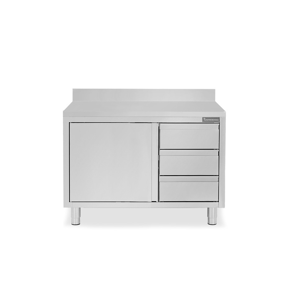 Tavolo armadiato,1 porta battente,3 cassetti a destra, alzatina, L1000 x P600 x H950mm