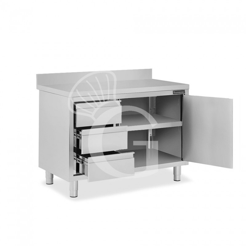 Tavolo armadiato,1 porta battente,3 cassetti a sinistra, alzatina, L1000 x P700 x H950mm